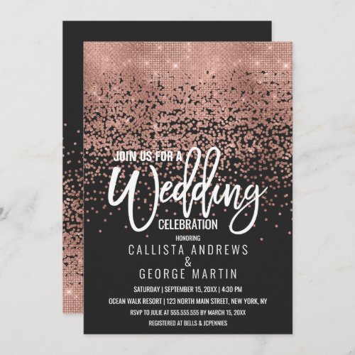 Modern Black Rose Gold Glitter Confetti Wedding Invitation