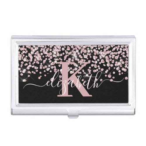 Modern Black Rose Gold Glitter Diamond Monogram Business Card Case