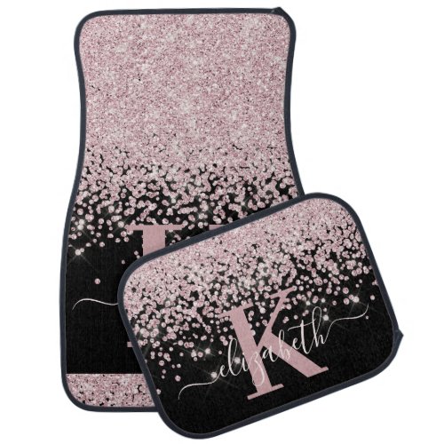 Modern Black Rose Gold Glitter Diamond Monogram Car Floor Mat