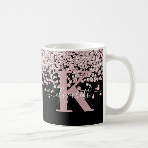 Modern Black Rose Gold Glitter Diamond Monogrammed Coffee Mug