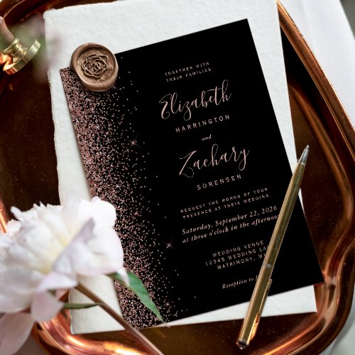 Modern Black Rose Gold Glitter Edge Wedding Invitation