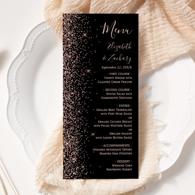 Modern Black Rose Gold Glitter Edge Wedding Menu (Creator Uploaded)