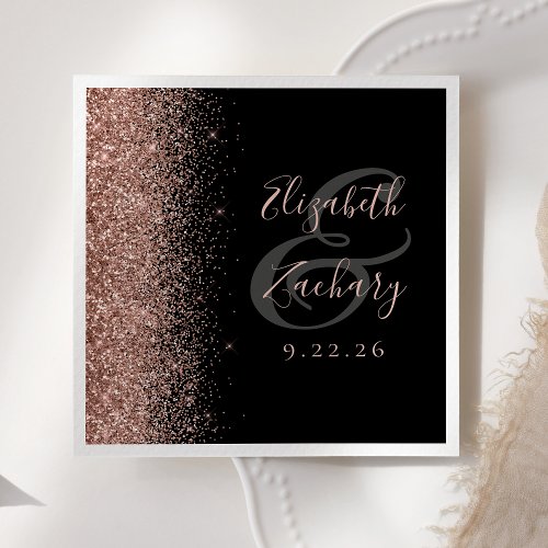 Modern Black Rose Gold Glitter Edge Wedding Napkins