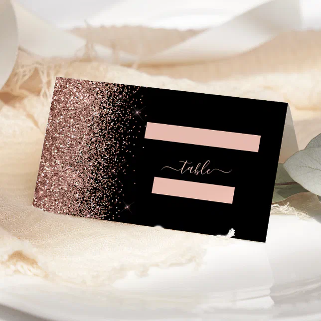 Modern Black Rose Gold Glitter Edge Wedding Place Card | Zazzle