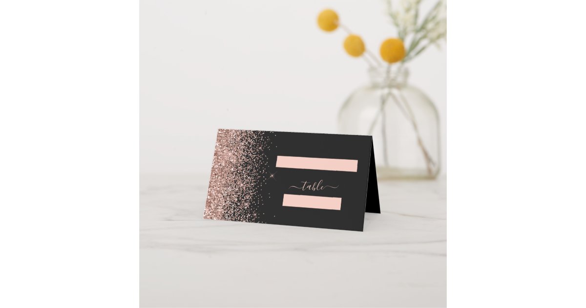 Modern Black Rose Gold Glitter Edge Wedding Place Card | Zazzle