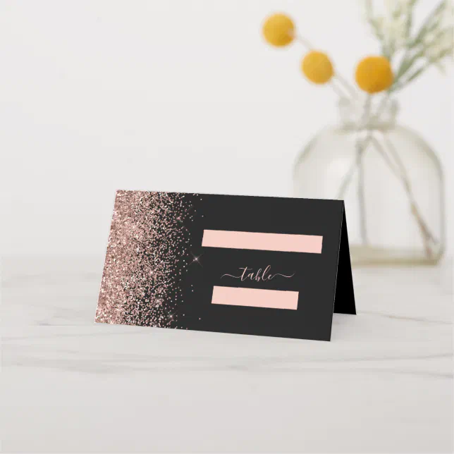 Modern Black Rose Gold Glitter Edge Wedding Place Card | Zazzle