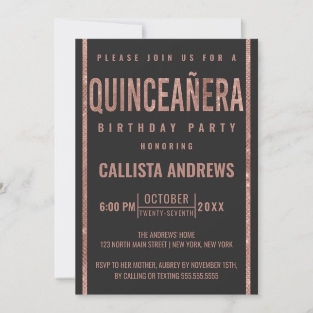 Modern Black Rose Gold Glitter Frame Quinceañera Invitation (Front)