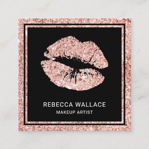 Modern Black Rose Gold Glitter Lips Makeup Artist Square Business Card