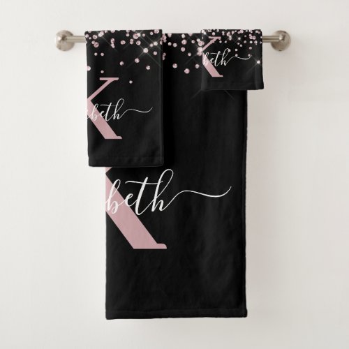 Modern Black Rose Gold Glitter Monogram Name Bath Towel Set