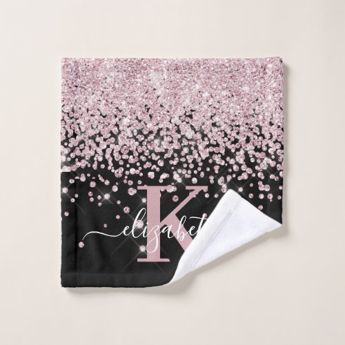 Modern Black Rose Gold Glitter Monogram Name Wash Cloth