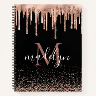 Modern Black & Rose Gold Glitter Monogrammed Notebook