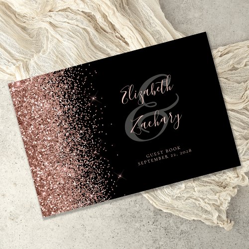 Modern Black Rose Gold Glitter Script Guest Book