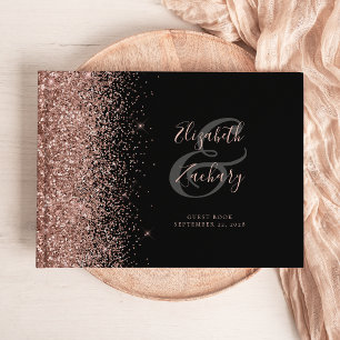 Modern Black Rose Gold Glitter Script Guest Book
