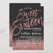 Modern Black Rose Gold Glitter Typography Sweet 16 Invitation | Zazzle