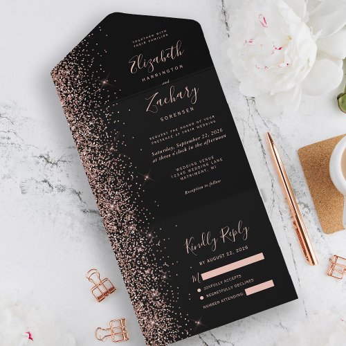 Modern Black Rose Gold Glitter Wedding All In One Invitation