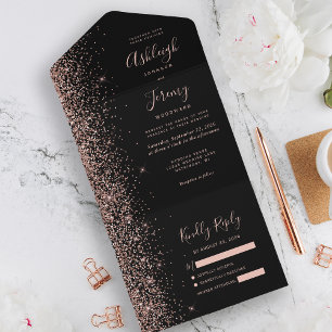 Modern Black Rose Gold Glitter Wedding All In One Invitation