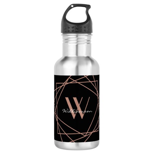 Modern Black Rose Gold Monogram Elegant Name Stainless Steel Water Bottle