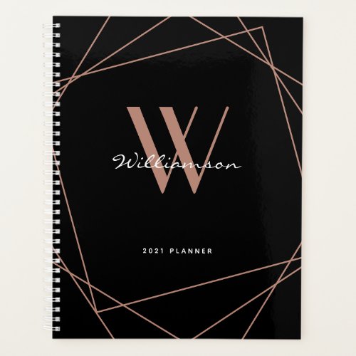 Modern Black Rose Gold Monogram Girly Name 2022 Planner