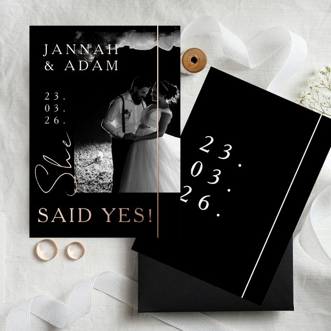Modern Black Rose Gold Photo Engagement Announce Foil Invitation (Creator Uploaded)