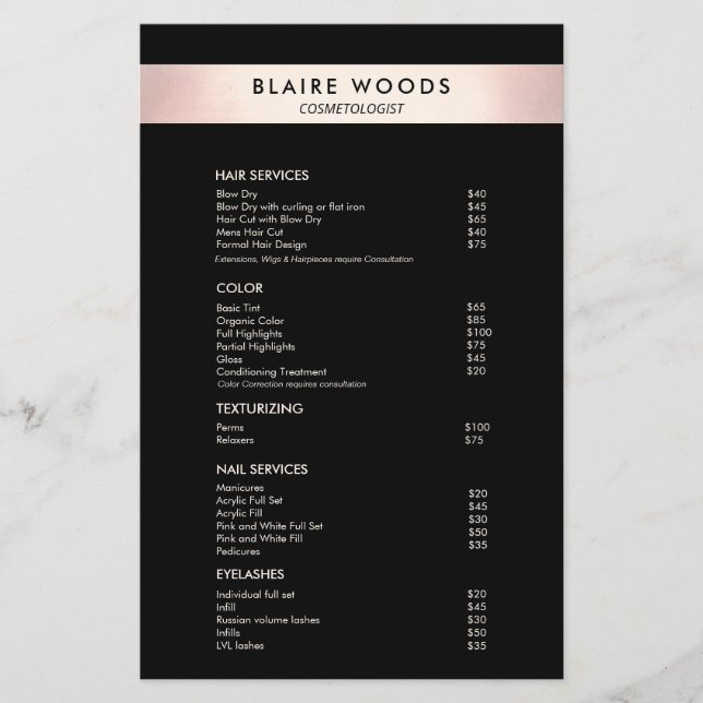  Modern Black  Rose Gold Price List Menu Flyer (Front)