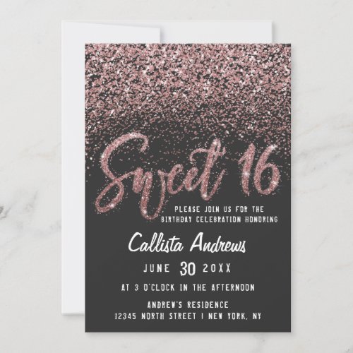 Modern Black Rose Gold Scattered Glitter Sweet 16 Invitation