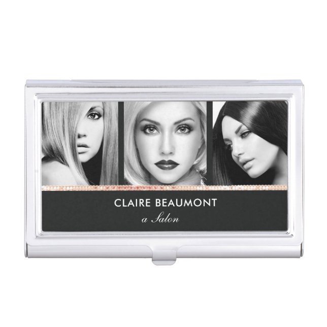 Modern Black Rose Gold Sequin Salon 3 Photo Card Case For Business Cards (Front)
