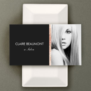 Modern Black Rose Gold Sequin Salon Photo Card