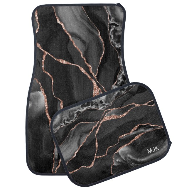 Modern Black Rose Gold Veins Agate Marble Monogram Car Floor Mat (Set)