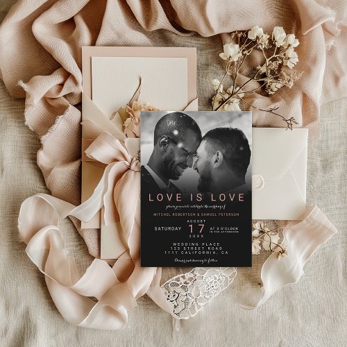 Modern black rose ombre photo gay wedding invitation