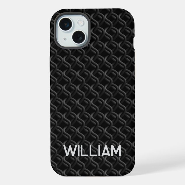 Modern Black Rubber Lattice with Name iPhone Case (Back)