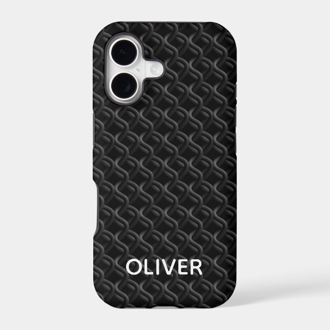 Modern Black Rubber Lattice with Name iPhone Case (Back)