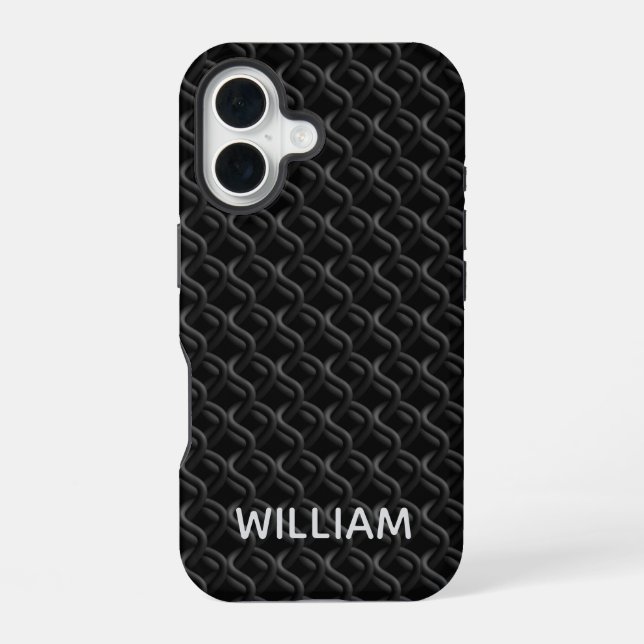 Modern Black Rubber Lattice with Name iPhone Case (Back)