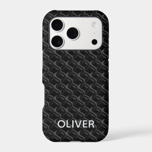 Modern Black Rubber Lattice with Name iPhone Case (Back)