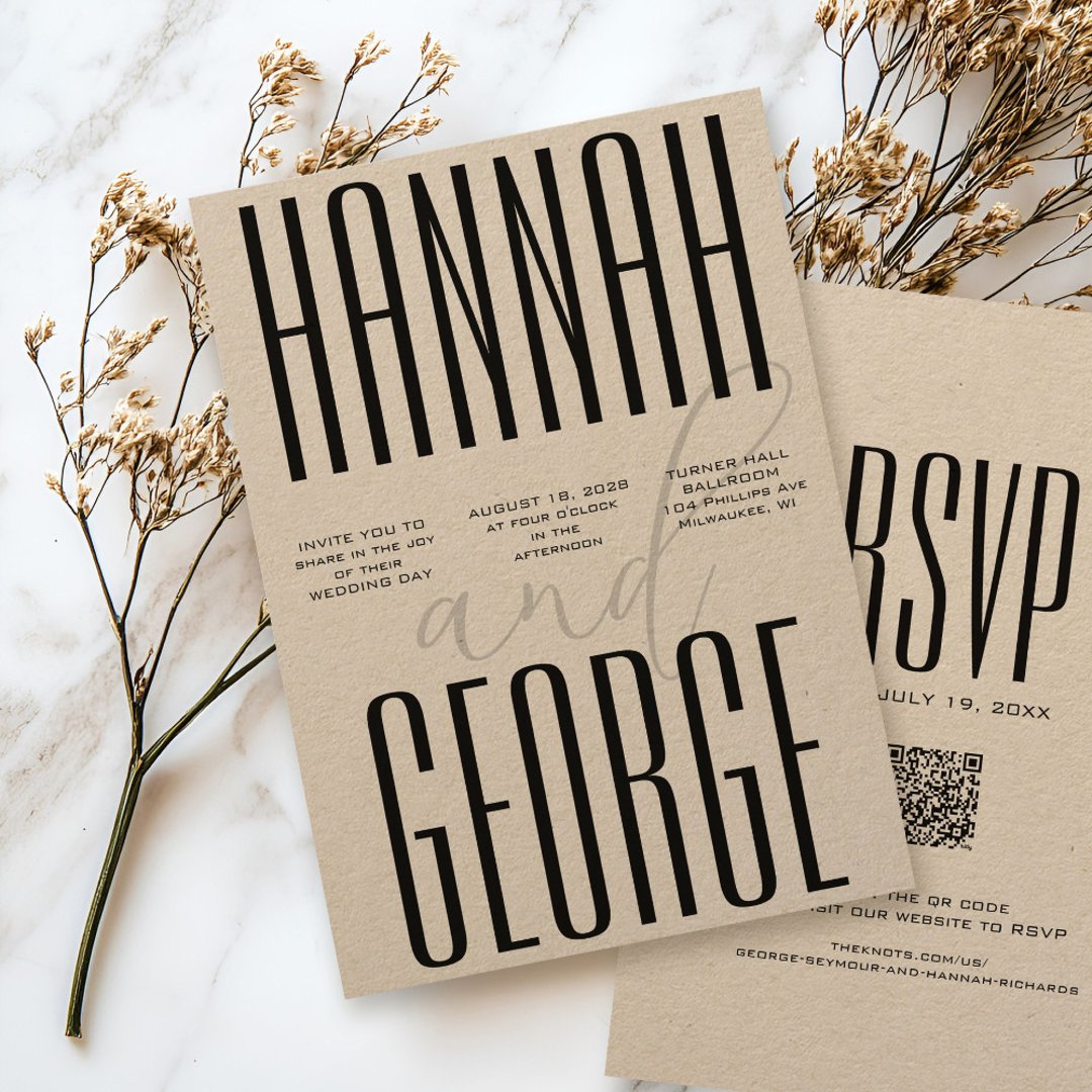 Modern Black Rustic Kraft Bold QR Code Wedding Invitation