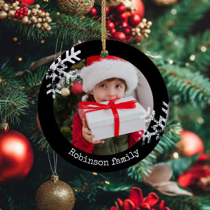 Modern Black Rustic Photo Snowflake Holiday Ceramic Ornament