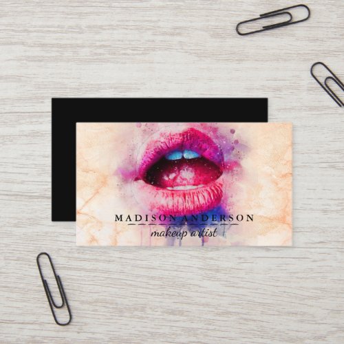 Modern Black Salon Gold Lips Makeup Artis Business Card