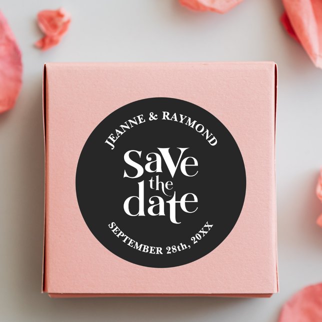 Modern Black Save The Date Wedding Announcement Classic Round Sticker (Creator Uploaded)