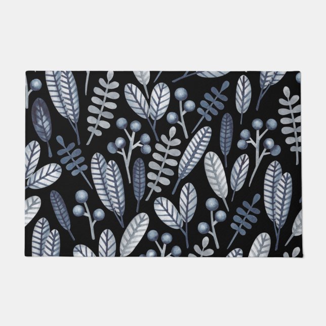 Modern Black  Scandinavian Floral Pattern Doormat (Front)