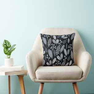 Modern Black  Scandinavian Floral Pattern Throw Pillow