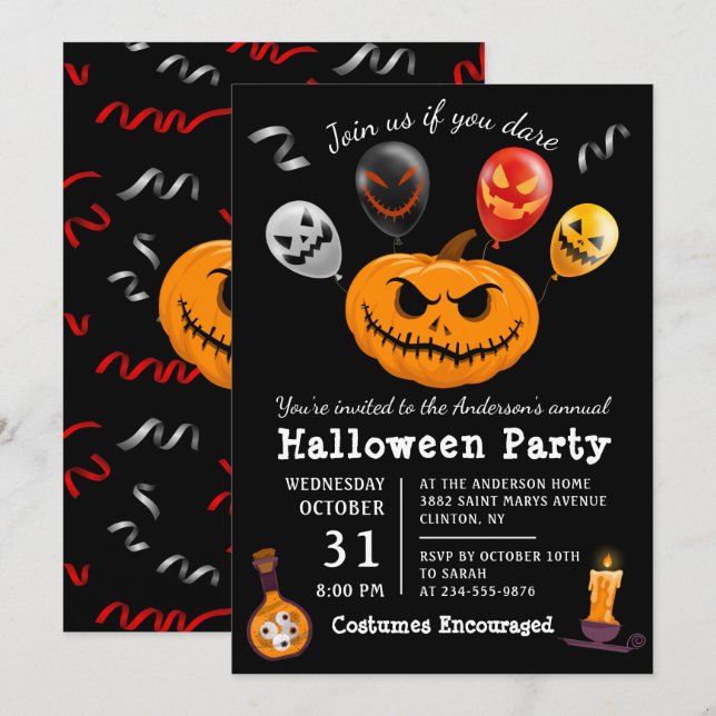 Modern Black Scary Pumpkin Balloon Halloween Party Invitation (Front/Back)
