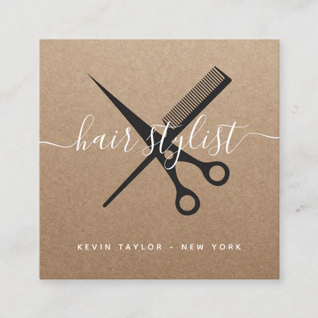 Modern black scissors branding hair stylist kraft square business card ...