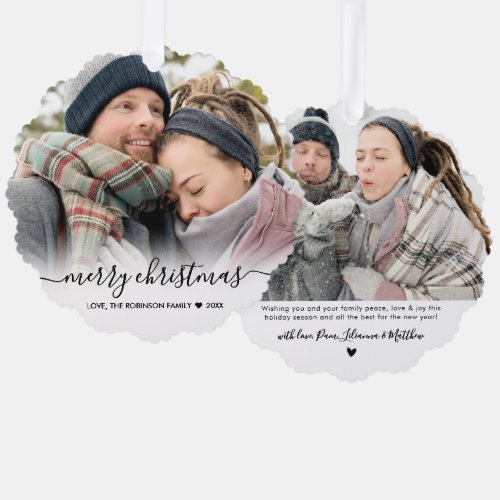 Modern Black Script 2 Couple Photo Christmas Ornament Card