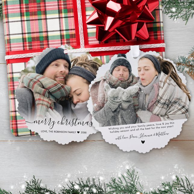 Modern Black Script 2 Couple Photo Christmas Ornament Card (Creator Uploaded)
