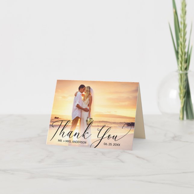 Modern Black Script 2 Photo Wedding Letterpress Thank You Card (Front)