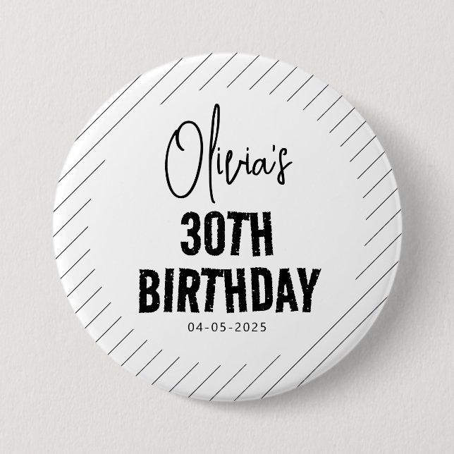 Modern Black Script 30th Birthday Chic & Minimalis Button (Front)