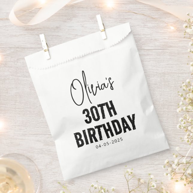 Modern Black Script 30th Birthday Chic & Minimalis Favor Bag (Clipped)