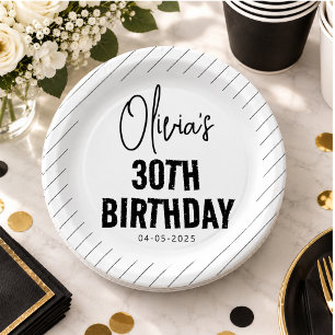 Modern Black Script 30th Birthday Chic & Minimalis Paper Plates