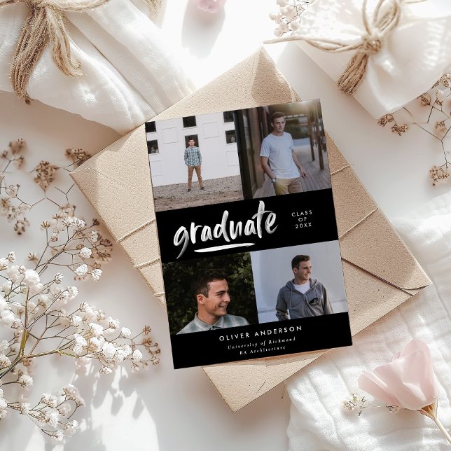 Modern black script 4 photo stylish graduation invitation (Creator Uploaded)