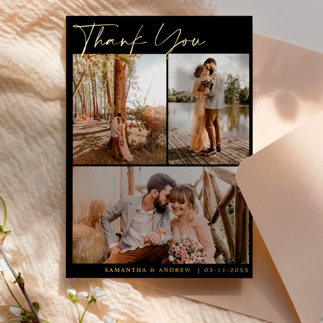 Modern black script 6 photos wedding foil invitation (Creator Uploaded)