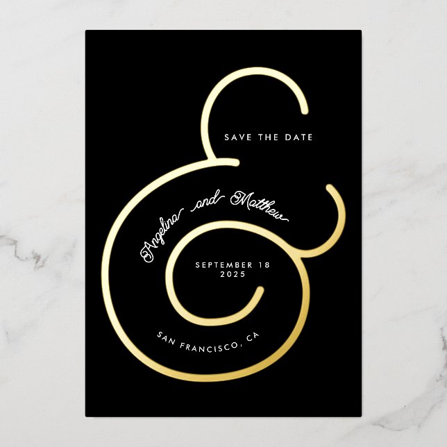 Modern Black Script Ampersand Wedding Save Date Foil Invitation (Front)